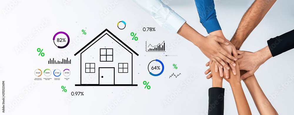 Obraz premium Diverse Team Collaboration on Real Estate Investment Analysis with Charts, Percentages, and House Illustration in Modern Design. Entropy.