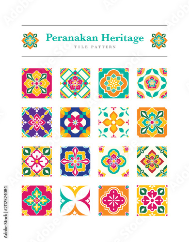 Colorful Chinese Peranakan Heritage Ceramic Tile Pattern Collection Set Vector Illustration
