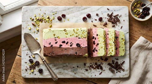 Spumoni ice cream loaf on marble board, italian frozen dessert with pistachio and cherry, perfect for National Spumoni Day