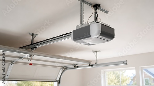 Modern automatic garage door opener motor mounted to the ceiling of a residential home garage interior