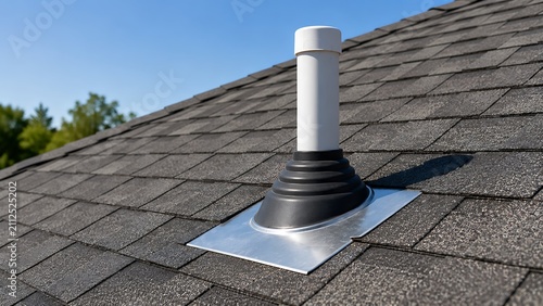 A close up view of a plumbing vent pipe boot flashing installed on a residential asphalt shingle roof