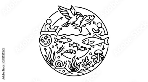 Clean Black and White Aquatic Food Chain and Human Interaction Circular with high quality professional line art symbols for modern creative design and digital branding projects