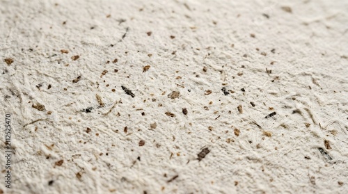 Close-up of handmade paper texture with tiny plant debris visible on coarse fibrous surface.