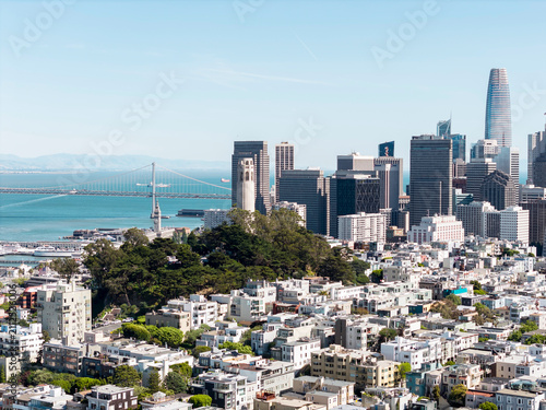 Aerial view of Coit Tower and San Francisco Bay