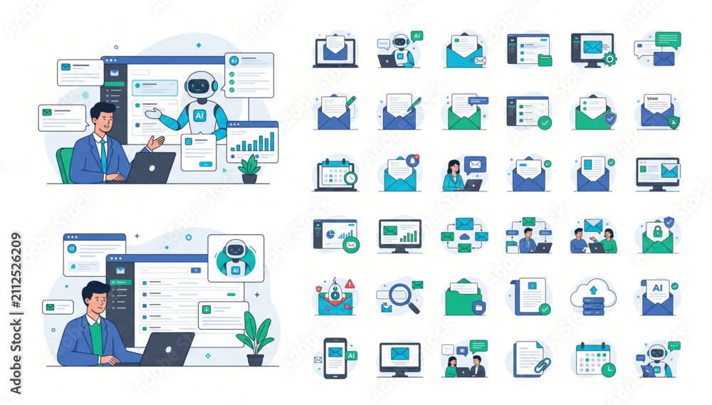 Fototapeta premium Business Process Automation and Intelligent Assistant Software Illustration with Workflow Management Icon Collection