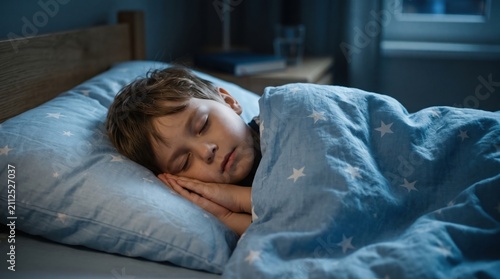 Young boy sleeping soundly in bed tucked under a cozy star patterned blue blanket at night with sleeping, dreaming