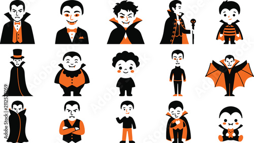Obraz na plátně Set of cute cartoon vampires in various poses and styles for halloween party dec