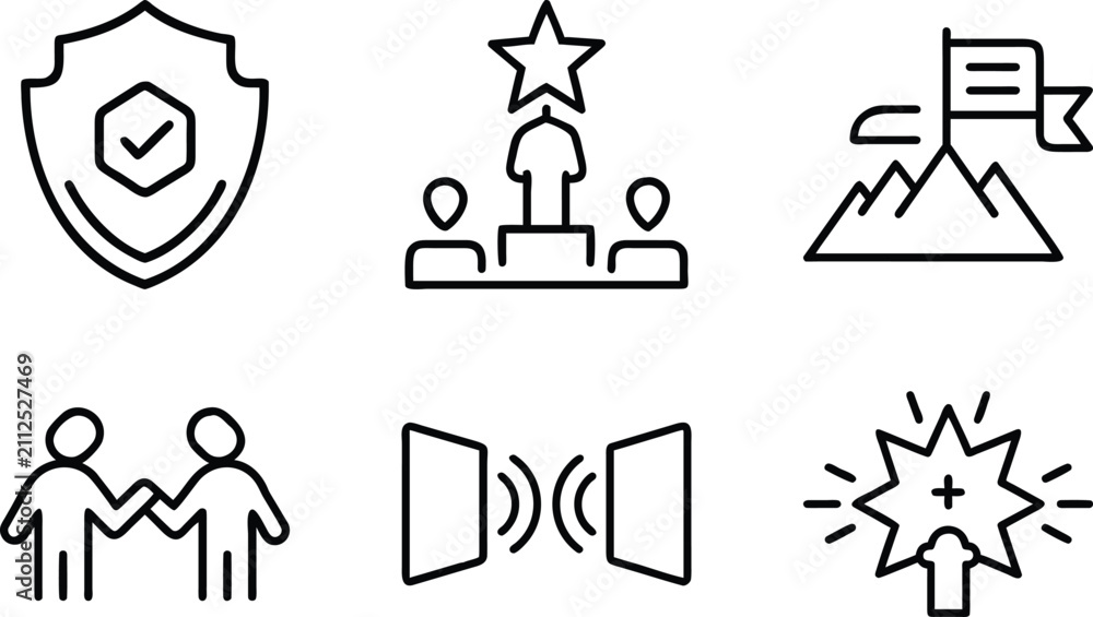Fototapeta premium Achieving success icons featuring security shield protection winner podium mountain climbing flag partnership handshake and bright innovation concepts.