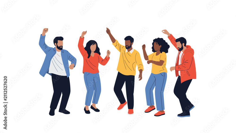 Obraz premium Diverse group of happy young people dancing together in casual clothes, celebrating with great joy and energetic movement.