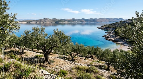 Olive grove on a rocky hillside overlooking a calm blue sea