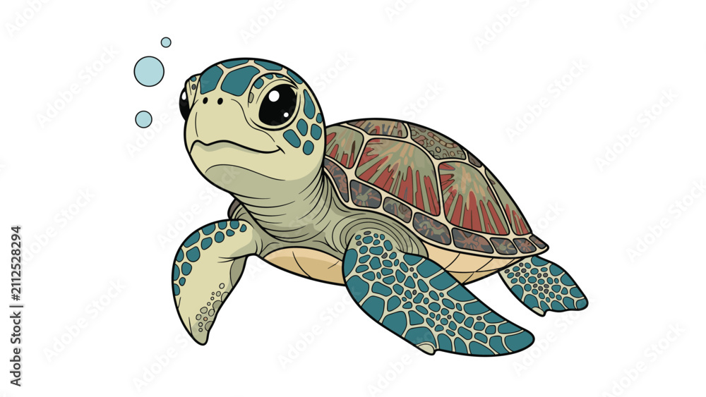 Obraz premium Adorable sea turtle swimming in clean water with tiny air bubbles cartoon vector illustration.