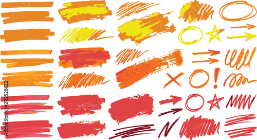 Collection of colorful brush strokes and doodle elements isolated on transparent background
