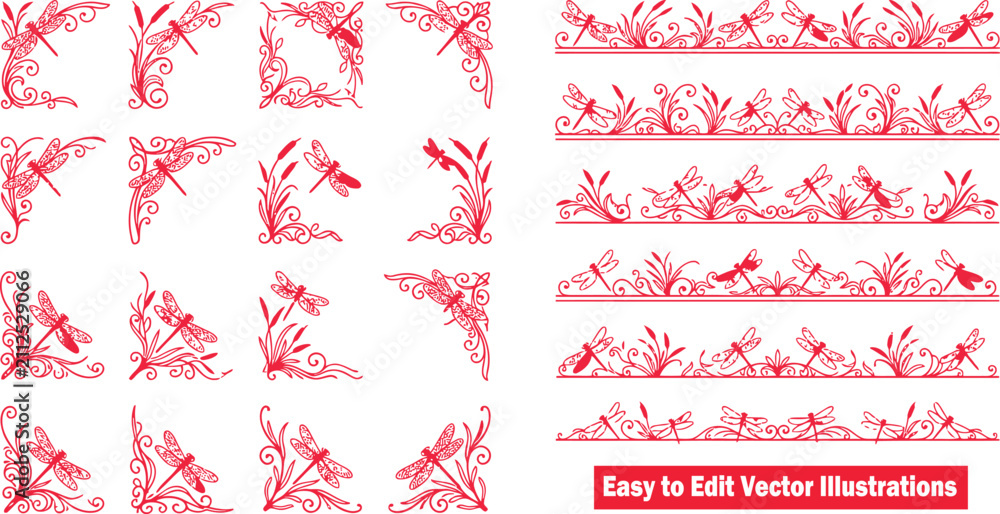 Naklejka premium Set of dragonfly corner and border design elements