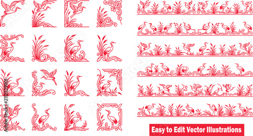 Quadro su tela Set of decorative corner elements and borders with cranes and reeds in red color