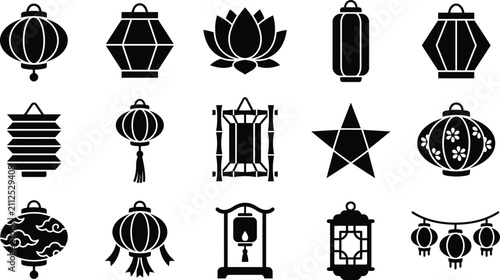 Black lanterns and Asian decorations on white background for design