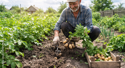 Elderly male farmer harvesting fresh organic potatoes in garden