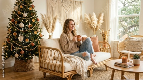 Cozy woman enjoying a warm drink by a decorated Christmas tree in a boho living room