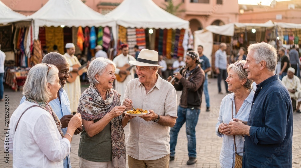 Obraz premium Diverse group of seniors enjoying a vibrant outdoor market with food and music