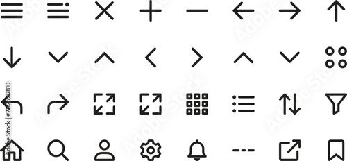 Collection of basic user interface icons and symbols isolated on transparent background