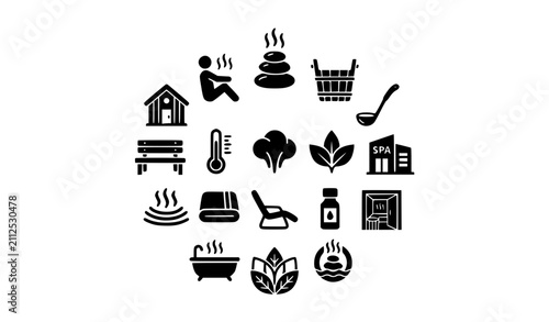 Cuadro en lienzo Black Sauna Sign Icons Pack with Spa Steam Bath and Wellness Vector Symbols