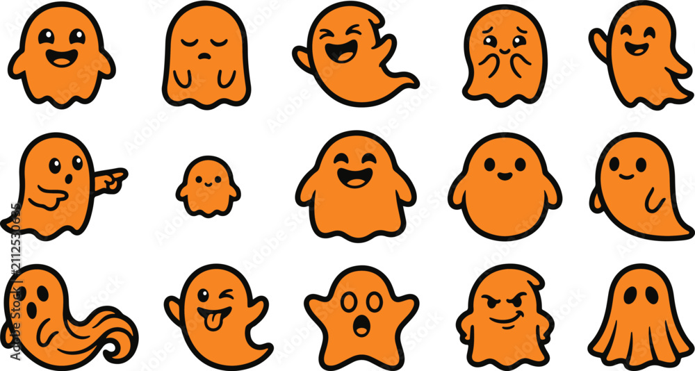 Fototapeta premium Collection of cute orange ghost characters with various expressions for halloween party decorations and sticker designs