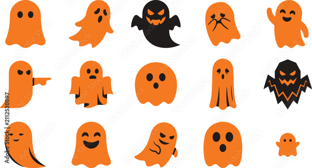 Fototapeta premium Set of cute orange and black ghost stickers for halloween decorations and spooky party design elements