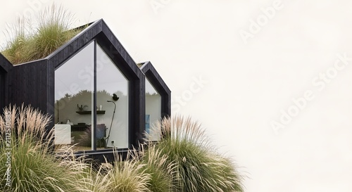 Modern Black House with Green Roof and Large Windows Surrounded by Tall Grass
