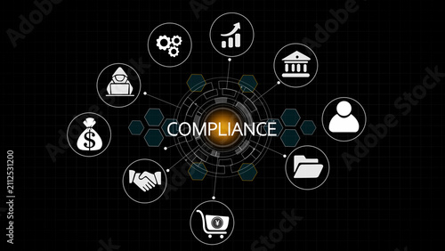 Foto Compliance regulatory standards concept infographic with digital and central tex