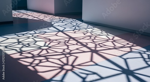 Geometric Light Patterns and Shadows on Modern Hallway Floor