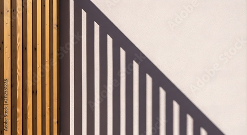 Geometric Sunlight Shadows on Textured Wall with Vertical Wood Slat Accent