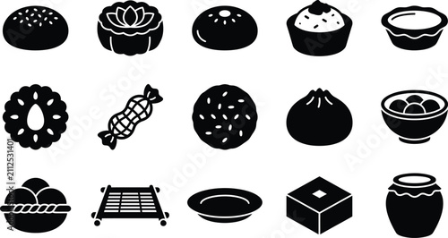 Cuadro en lienzo Black and white icons of various Asian sweet desserts and snacks