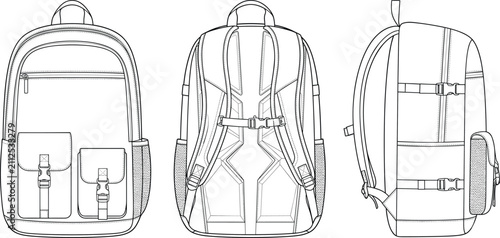 Fashion flat sketch technical drawing of a modern casual backpack with front utility pockets and side mesh pockets