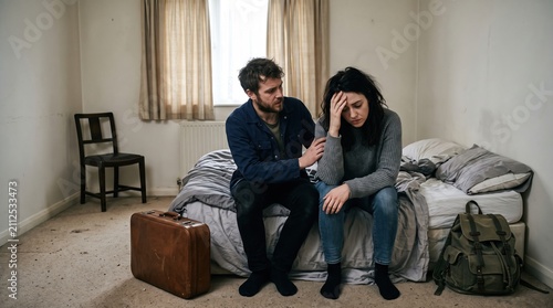 Concerned man comforting his upset girlfriend sitting together in a sparse bedroom with luggage girlfriend boyfriend