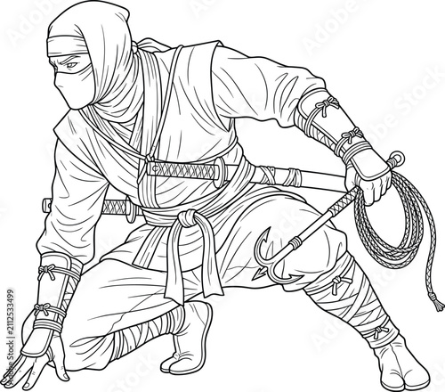 фотографія Black and white vector illustration of a stealthy ninja warrior crouching with a weapon and grappling hook