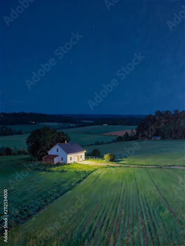 Night countryside landscape with farmhouse and warm window light, peaceful rural life scene, oil painting style