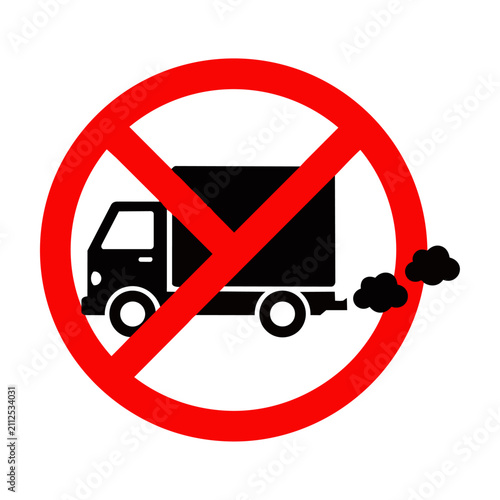 Red prohibition sign over a delivery truck with exhaust emissions on a white background, representing an environmental protection concept