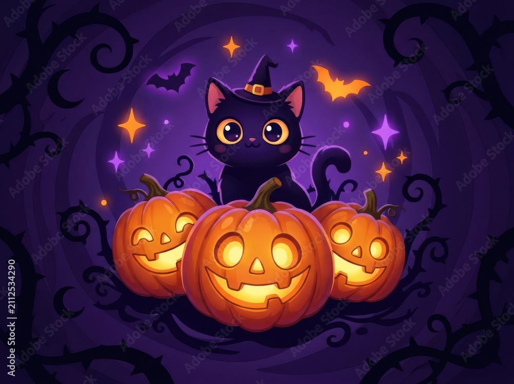Fototapeta premium Cute black cat wearing a witch hat sitting with glowing jack o lantern pumpkins in a magical forest at night during the halloween holiday season