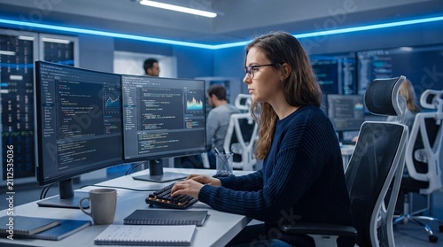 Female software engineer coding on dual monitors in high-tech server room, professional programmer working in modern data center, cybersecurity expert at workstation