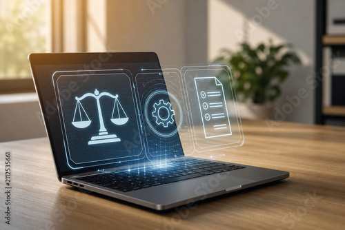 Laptop with Holographic Legal Scales, Settings Gear, and Document Icons