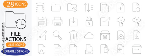 File Actions and Document Management Line Icons. Vector Folder, Cloud Storage, and Archive Symbols with Editable Stroke.