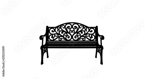 Foto Ornate black iron bench with curved backrest with set against plain white backgr