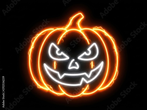 Glowing orange neon pumpkin sign with a scary face for a festive halloween party celebration decoration isolated on a dark black background