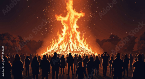 Crowd watching a large bonfire at night. People gathered around a blazing outdoor fire. A crowd of people watching a large bonfire at night.