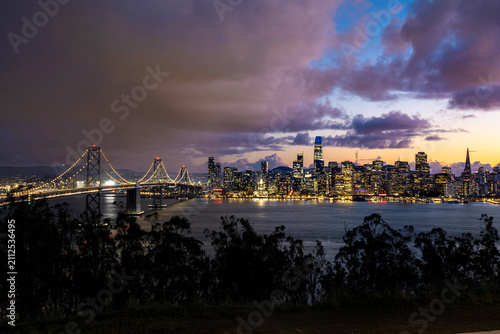 San Francisco skyline and Bay Bridge at dusk from hillside park