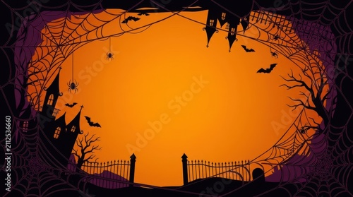 Spooky halloween frame with haunted castle bats spider webs and a full moon background for festive holiday party invitations and greeting cards