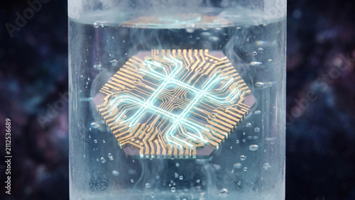 Microchip submerged in clear liquid glows with intricate circuitry patterns to represent advanced semiconductor technology and cooling systems.