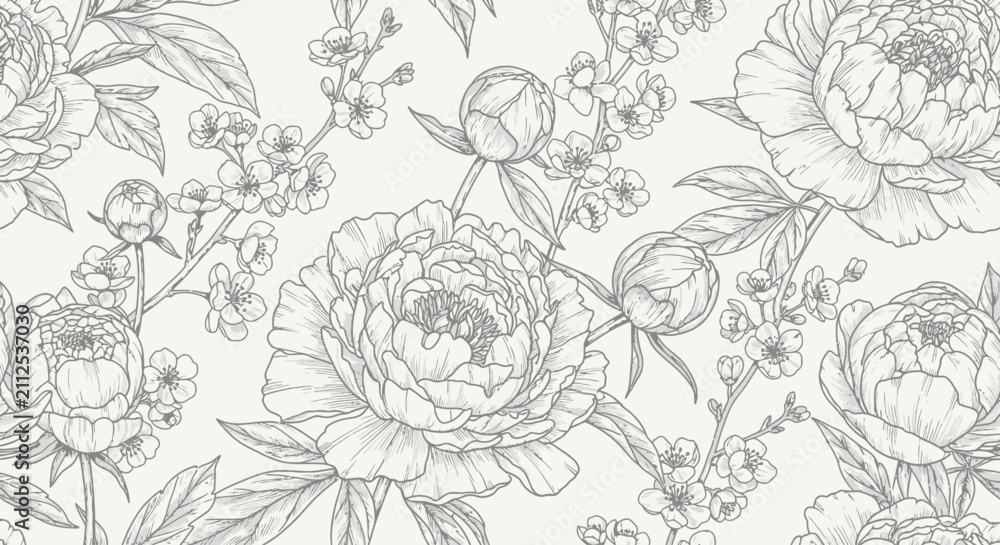 Fototapeta premium Vintage floral seamless pattern with hand drawn peonies, elegant botanical line art background, grey garden flower sketch vector for wedding stationery