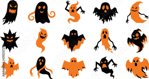 Fotografie Set of cute cartoon ghost characters for halloween decorations and spooky party