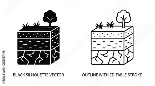 Schilderij op canvas Soil layer cross section silhouette vector showing ground and tree roots