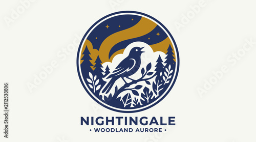 Bild auf Leinwand Stylized Nightingale Bird Singing in a Woodland Pine Forest Under a Golden Auror